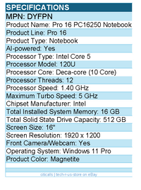 Dell DYFPN Pro 16 PC16250 16" Notebook - Full HD Plus - 60 Hz - Intel Core 5