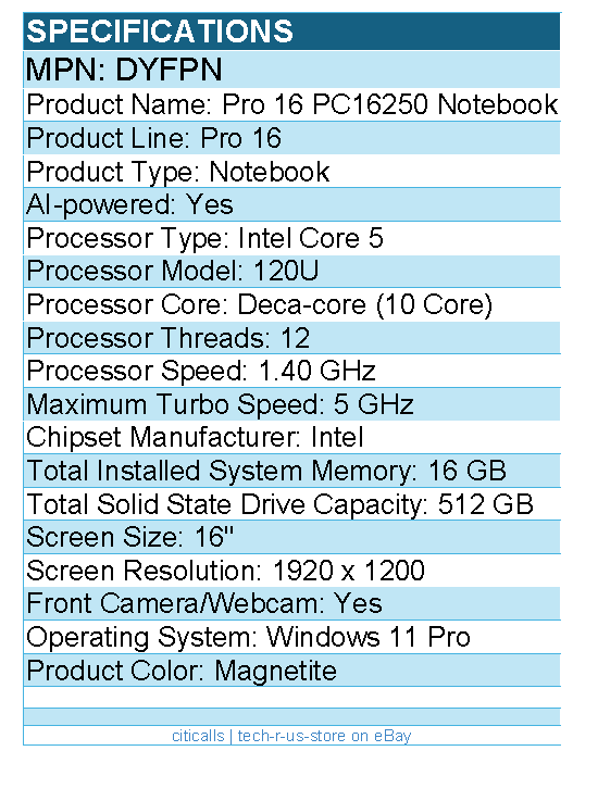 Dell DYFPN Pro 16 PC16250 16" Notebook -Full HD Plus -Intel Core 5 -Magnetite