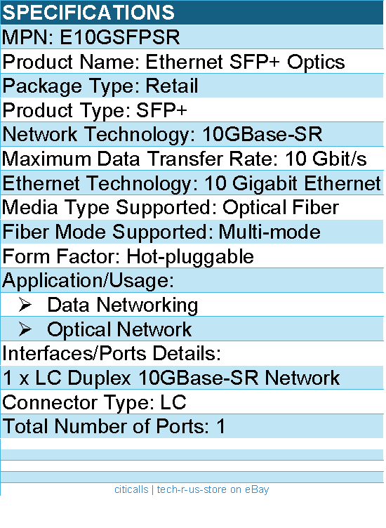 Intel E10GSFPSR Ethernet SFP+ SR Optics - Intel Ethernet SFP+ SR, SRX