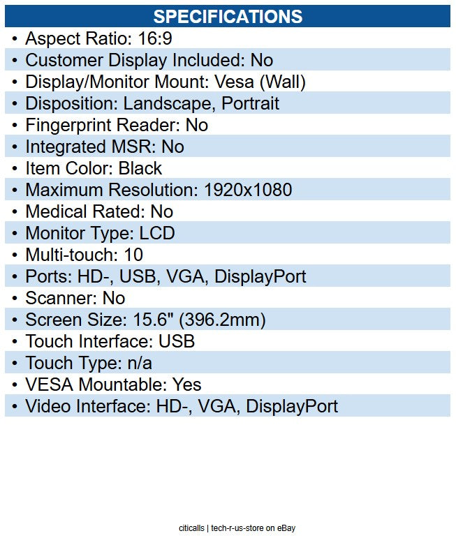 Elo E131375 1594L 16" Class Open-frame LED Touchscreen Monitor 16:9 - 25 ms