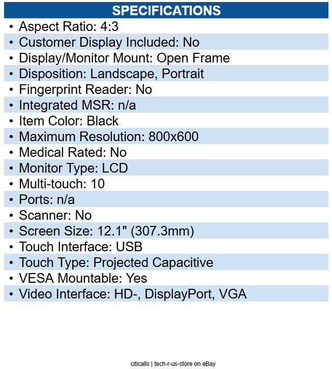 Elo E331595 1291L Open-frame LCD Touchscreen Monitor 4:3 - 25 ms 12.1" Viewable