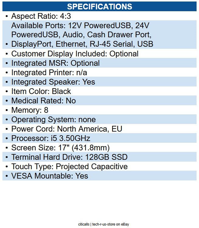 Elo E402963 17-inch (5:4) EloPOS System Core i5 2.10 GHz 8 GB DDR4 SDRAM - 128GB