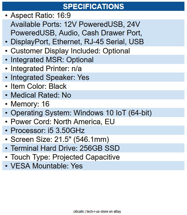 Elo E417915 22-inch EloPOS System Intel Core i5 3.60 GHz - 16 GB DDR4 SDRAM