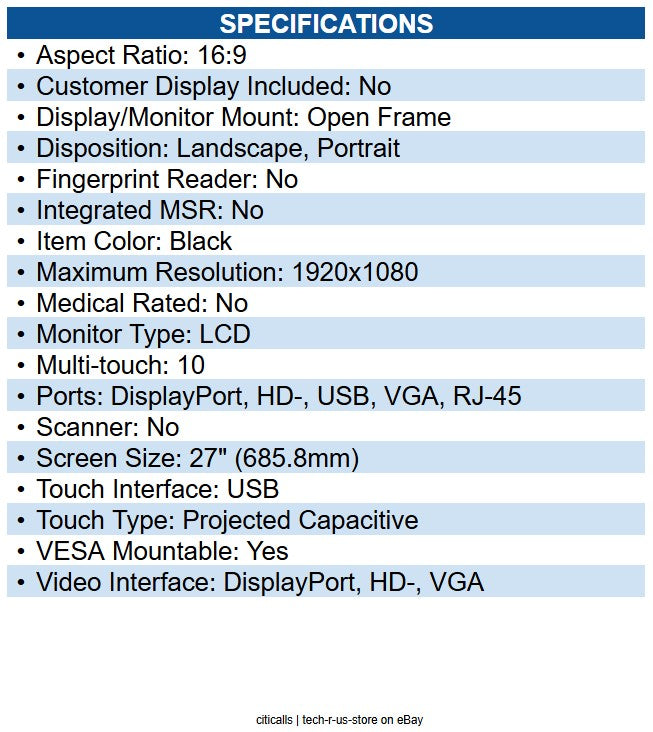 Elo E493591 2794L 27" Class Open-frame LCD Touchscreen Monitor 16:9 - 12 ms