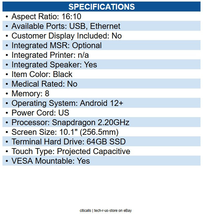 Elo E539154 10.1-inch I-Series 5 STANDARD, Android 14 with GMS, 1920 x 1200