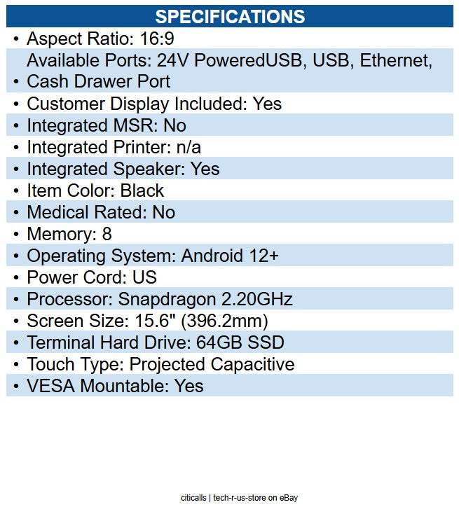 Elo E543591 15.6-inch EloPOS Z30 - STANDARD, Android 14 with GMS, 1920 x 1080