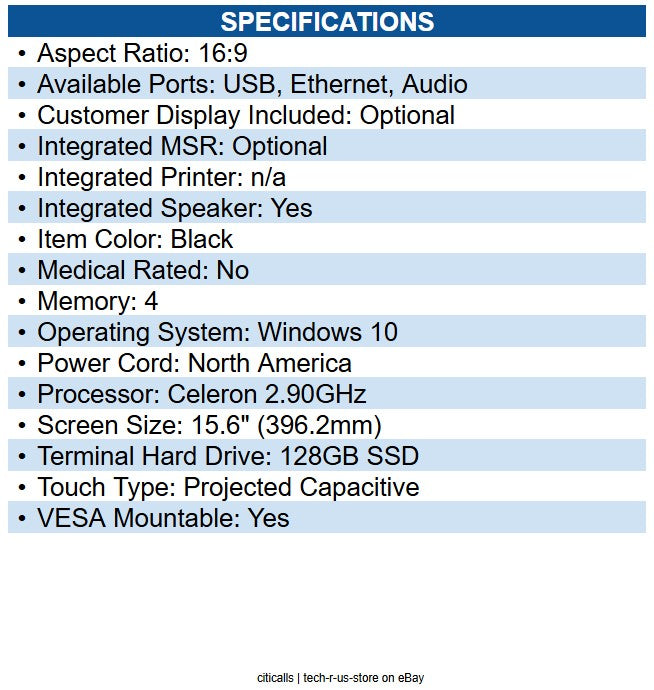 Elo E551270 I-Series 2 POS Terminal Celeron G4900T 4 GB DDR4 SDRAM - 128 GB SSD