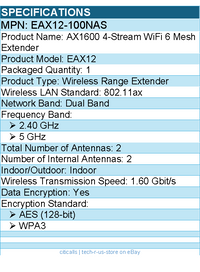 Netgear EAX12-100NAS Dual Band 802.11ax 1.60 Gbit/s Wireless Range Extender
