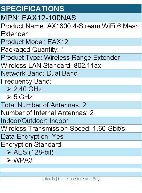 Netgear EAX12-100NAS Dual Band 802.11ax 1.60 Gbit/s Wireless Range Extender