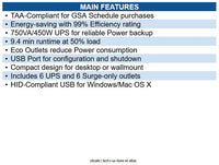 Eaton ECO750UPSTAA TAA-Compliant ECO Series 120V 750VA, 450W Energy-Saving UPS