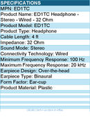 Koss ED1TC Headphone - Stereo - Wired - 32 Ohm - 4 ft - Ear-cup