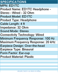 Koss ED1TC Headphone - Stereo - Wired - 32 Ohm - 4 ft - Ear-cup