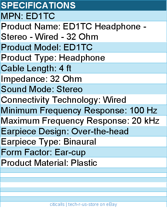 Koss ED1TC Headphone - Stereo - Wired - 32 Ohm - 4 ft - Ear-cup