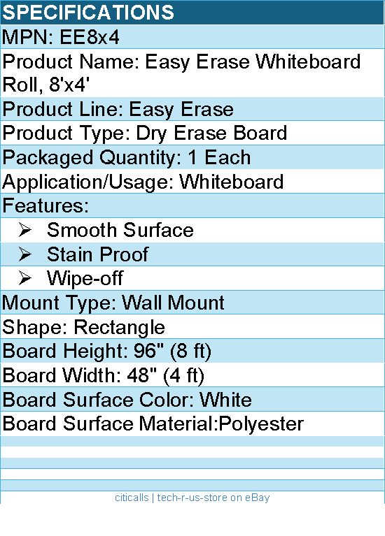 3M Post-it EE8x4 Easy Erase Whiteboard Roll, 8'x4' - Smooth Surface