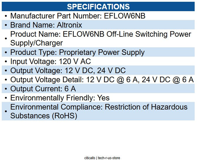 Altronix EFLOW6NB Off-Line Switching Power Supply/Charger 120 V AC Input - 12 V
