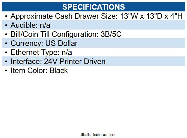 APG Cash Drawer EKDS320-1-B330-A11 Black, 24V Arlo, 13x13 Size, 3 Bill, 5 Coin