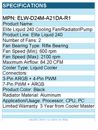 Cooler Master ELW-D24M-A21DA-R1 Elite Liquid 240 Cooling Fan/Radiator/Pump