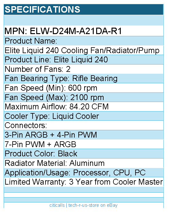 Cooler Master ELW-D24M-A21DA-R1 Elite Liquid 240 Cooling Fan/Radiator/Pump