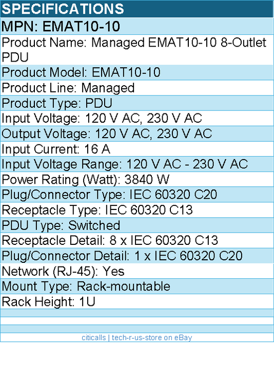 Eaton EMAT10-10 Managed Rack PDU 3.84 kW max 200-240V 16A 50-60Hz 1U