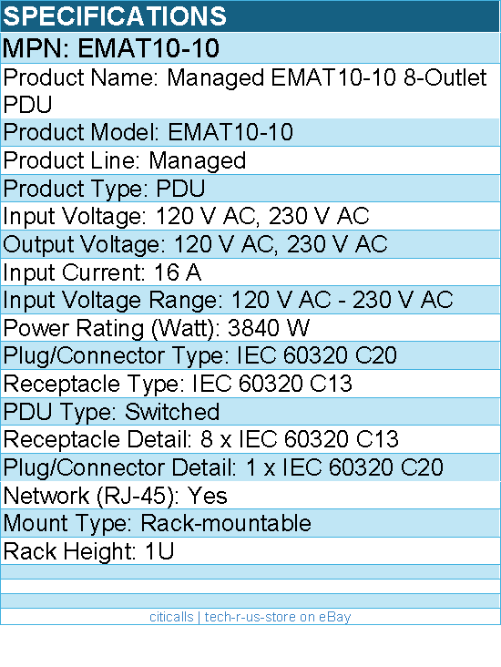 Eaton EMAT10-10 Managed Rack PDU 3.84 kW max 200-240V 16A 50-60Hz 1U