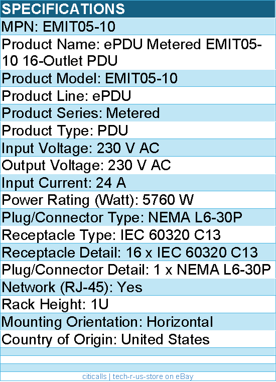 Eaton EMIT05-10 Metered Input rack PDU, 1U, L6-30P input, 5.76 kW max