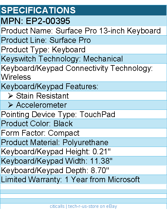 Microsoft EP2-00395 Surface Pro 13-inch Keyboard - Wireless - Compact - Black