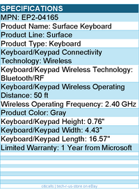 Microsoft EP2-04165 Surface Keyboard - Wireless Connectivity - Bluetooth/RF
