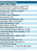 Microsoft EP2-25665 Surface Laptop 7 15" Touchscreen Copilot+ PC Notebook