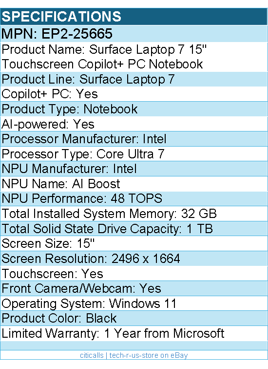 Microsoft EP2-25665 Surface Laptop 7 15" Touchscreen Copilot+ PC Notebook