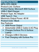 Microsoft EP2-29830 Surface 45W AC Adapter - Black - USB Type-C
