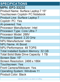 Microsoft EP2-33232 Surface Laptop 7 15" Touchscreen Copilot+ PC Notebook
