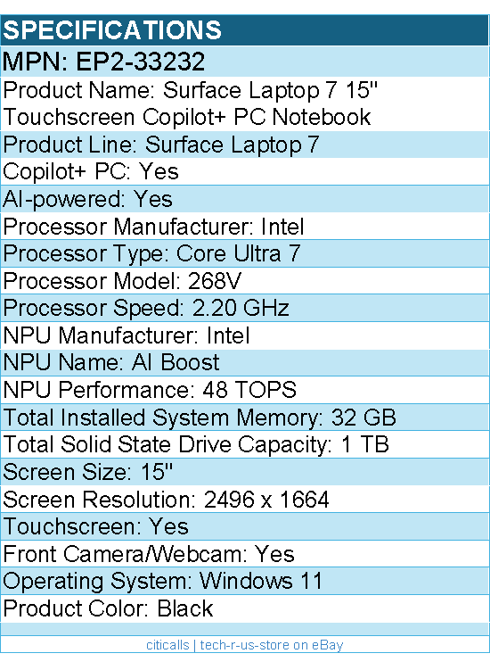 Microsoft EP2-33232 Surface Laptop 7 15" Touchscreen Copilot+ PC Notebook