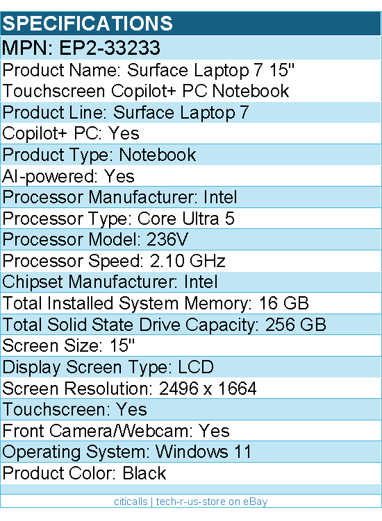 Microsoft EP2-33233 Surface Laptop 7 15" Touchscreen Copilot+ PC Notebook