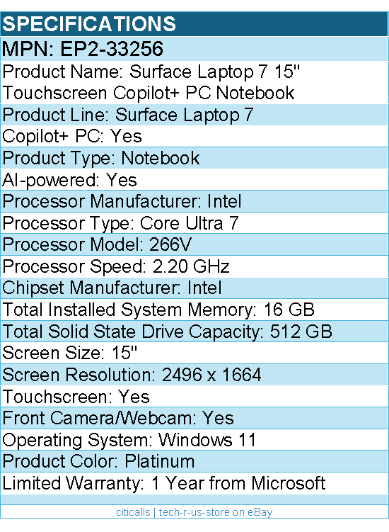 Microsoft EP2-33256 Surface Laptop 7 15" Touchscreen Copilot+ PC Notebook