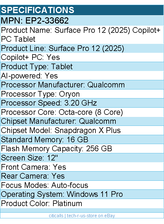 Microsoft EP2-33662 Surface Pro 12 (2025) Copilot+ PC Tablet - 12" - Platinum