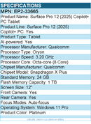 Microsoft EP2-33665 Surface Pro 12 (2025) Copilot+ PC Tablet - 12" - Qualcomm