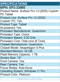 Microsoft EP2-33665 Surface Pro 12 (2025) Copilot+ PC Tablet - 12" - Qualcomm
