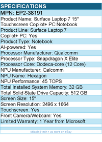 Microsoft EP2-38191 Surface Laptop 7 15" Touchscreen Copilot+ PC Notebook