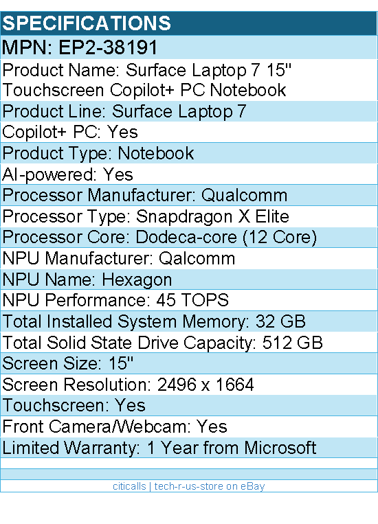 Microsoft EP2-38191 Surface Laptop 7 15" Touchscreen Copilot+ PC Notebook