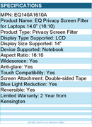 Kensington EQ140A1610A EQ Privacy Screen Filter for Laptops 14.0" (16:10)