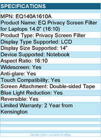 Kensington EQ140A1610A EQ Privacy Screen Filter for Laptops 14.0" (16:10)