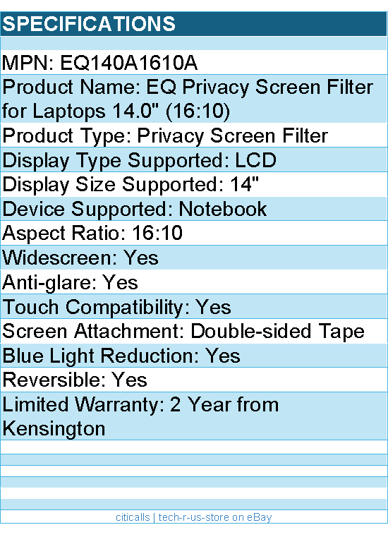 Kensington EQ140A1610A EQ Privacy Screen Filter for Laptops 14.0" (16:10)