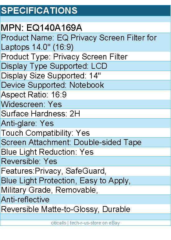 Kensington EQ140A169A EQ Privacy Screen Filter for Laptops 14.0"
