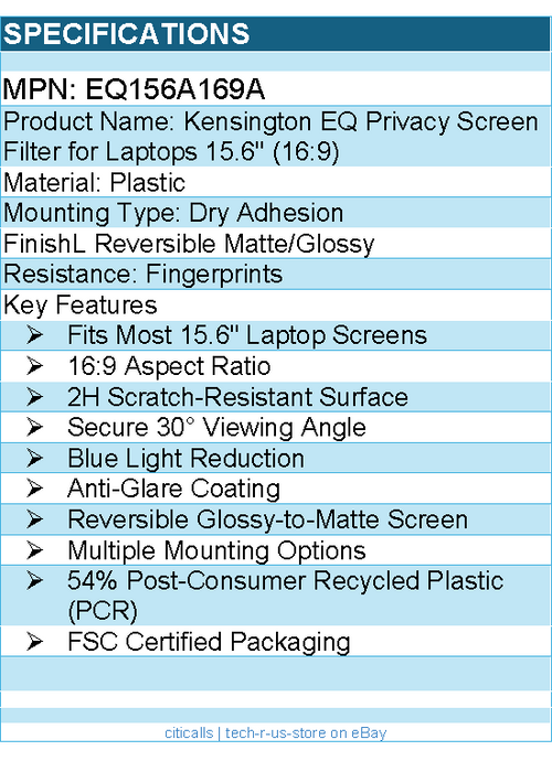Kensington EQ156A169A EQ Privacy Screen Filter for Laptops 15.6"