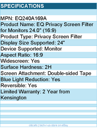 Kensington EQ240A169A EQ Privacy Screen Filter for Monitors 24"