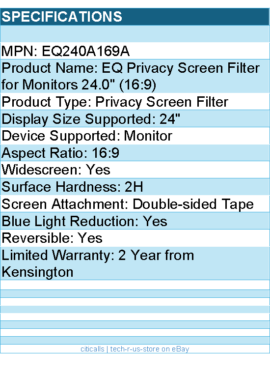 Kensington EQ240A169A EQ Privacy Screen Filter for Monitors 24"