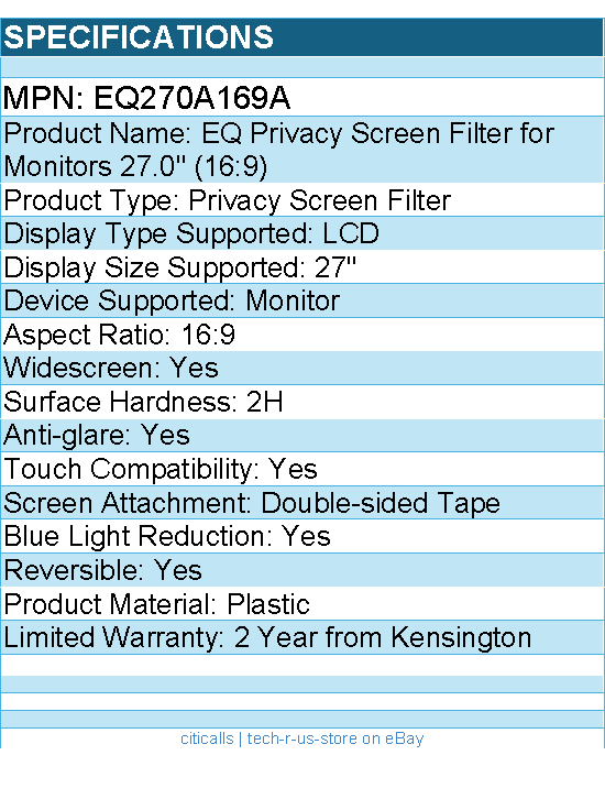 Kensington EQ270A169A EQ Privacy Screen Filter for Monitors 27"