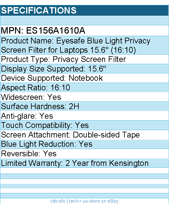 Kensington ES156A1610A Eyesafe Blue Light Privacy Screen Filter