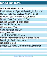 Kensington ES156A1610A Eyesafe Blue Light Privacy Screen Filter - Anti-glare