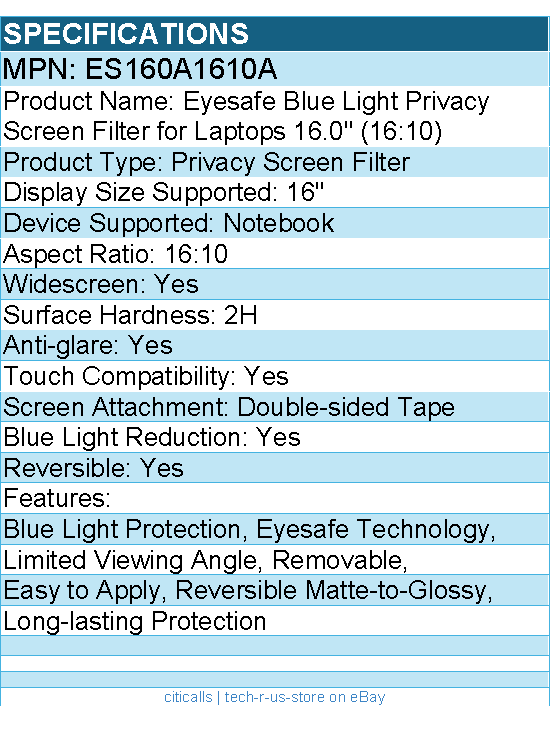 Kensington ES160A1610A Eyesafe Blue Light Privacy Screen Filter for Laptop 16.0"